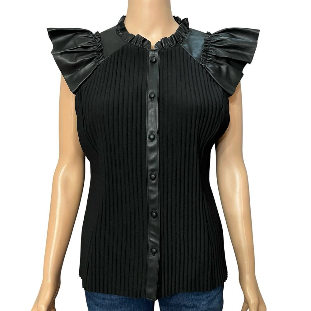 Marc New York Faux Leather Knit Button Down Top Large Flutter Cap Sleeves Black